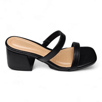 Black leather Double Band Low Block Heel sandal with two straps and a chunky heel