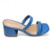 Blue leather double band sandal with chunky heel for stylish comfort