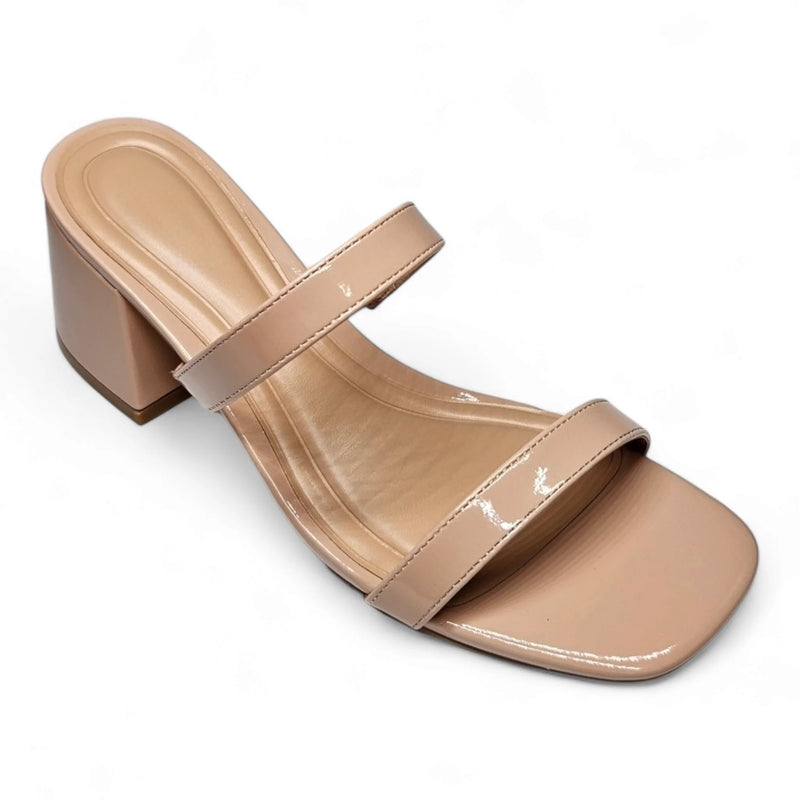 Beige Double Band Low Block Heel sandal featuring two stylish straps across the foot