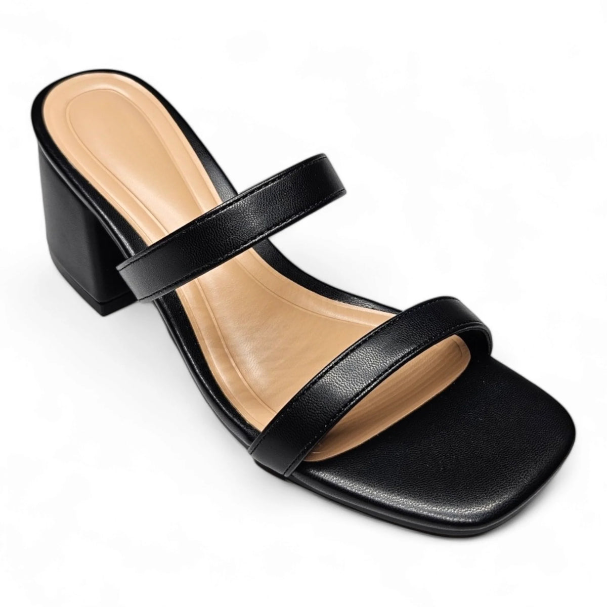 Black leather Double Band Low Block Heel sandal with two straps and square toe