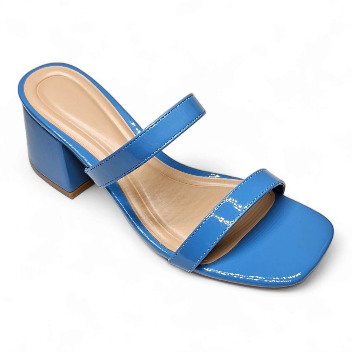 Blue Double Band Low Block Heel Sandal with Two Straps Across the Foot