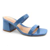 Blue double band low block heel sandal with two stylish straps across the foot