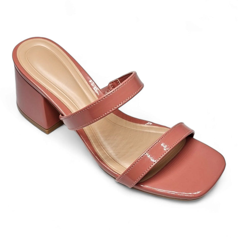 Dusty rose double band low block heel sandal with two foot straps