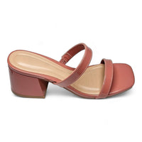 Pink leather Double Band Low Block Heel sandals with two straps and chunky heel