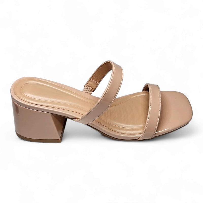 Beige leather Double Band Low Block Heel sandal with chunky heel and two straps