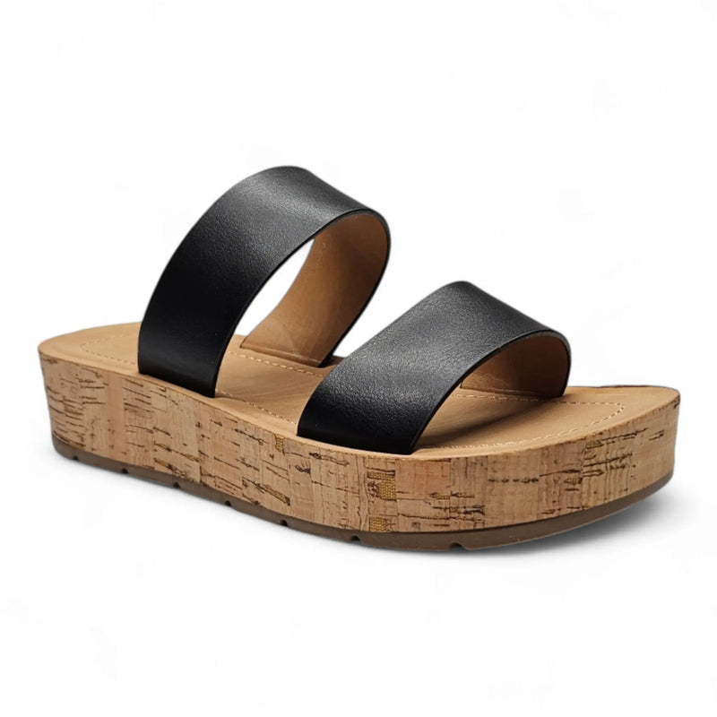 Black leather strap Double Strap Whisper Sandal with cork-textured wedge sole