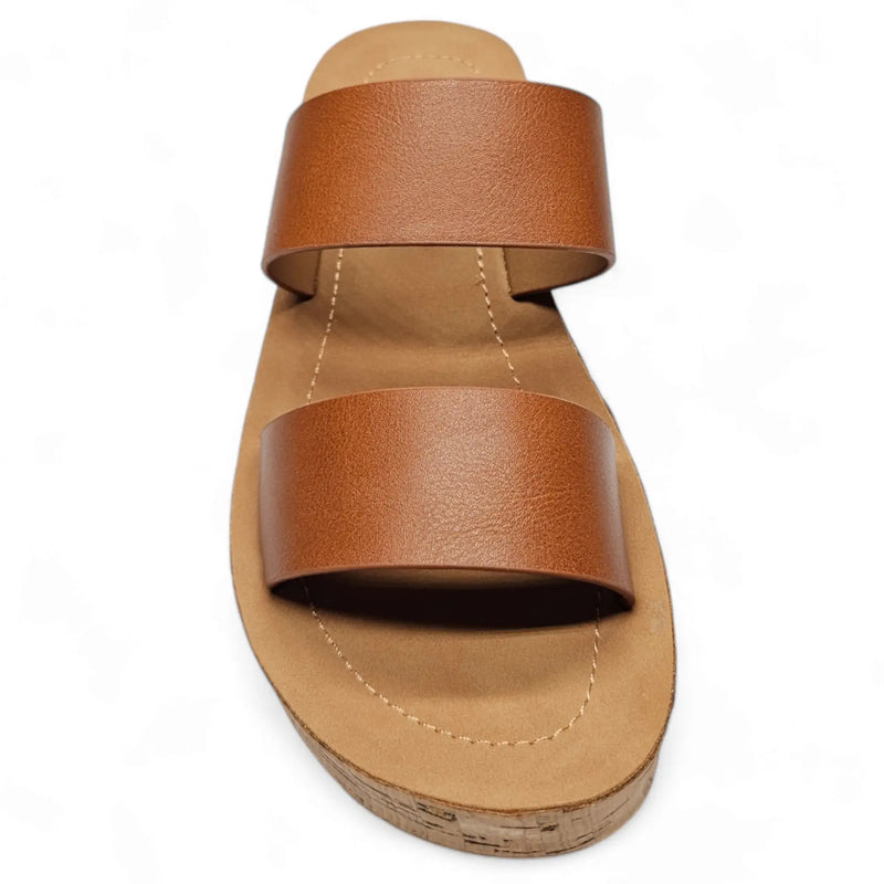 Brown leather Double Strap Whisper Sandal featuring two wide straps for comfort