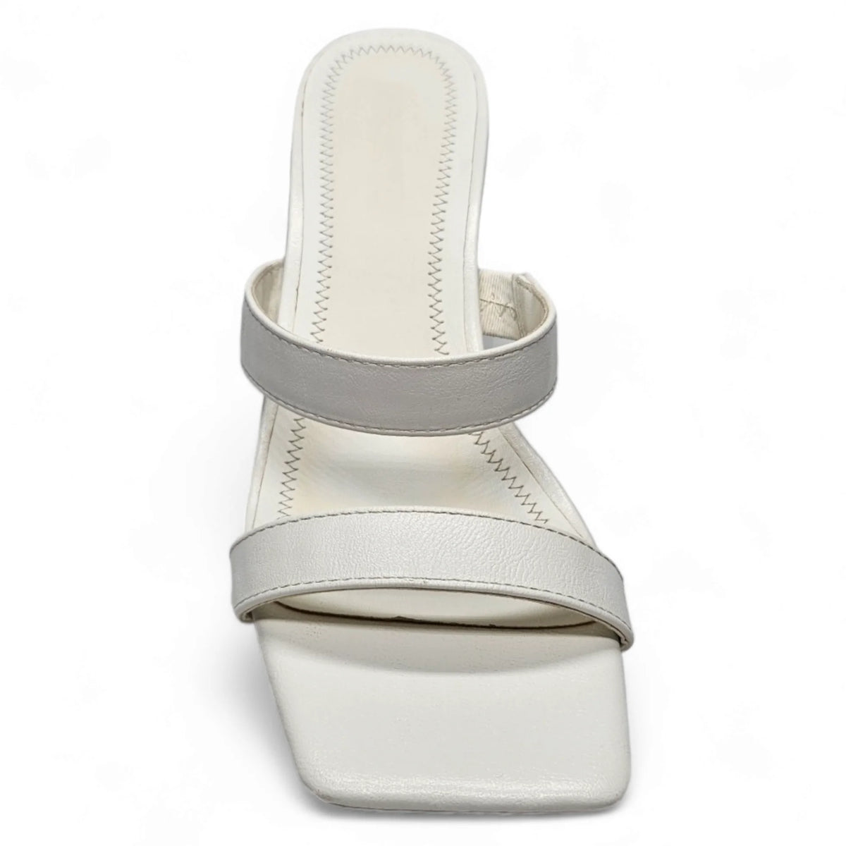 White and gray double band squared heel sandals with a stylish square toe design