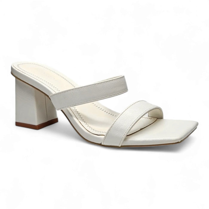 White leather Double Band Squared Heel sandal with chunky heel and two foot straps