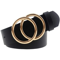 Black leather Double OO Skinny Belt featuring a stylish gold double-ring buckle