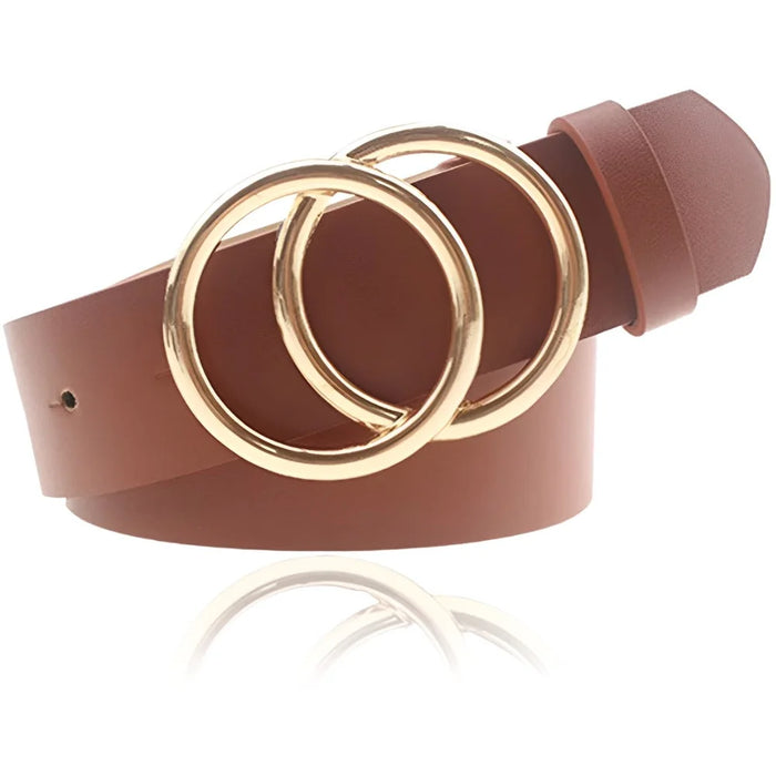 Brown leather Double OO Skinny Belt with a stylish double gold ring buckle