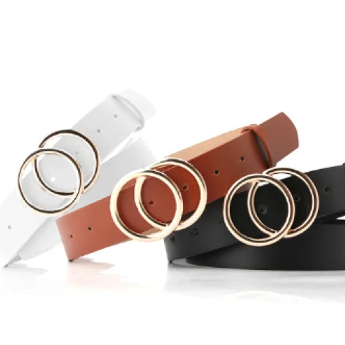 Leather Double OO Skinny Belt with circular double-ring buckles in white, brown, and black