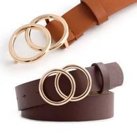 Leather Double OO Skinny Belt in brown and tan with stylish double ring buckles