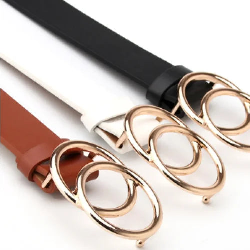 Three stylish Double OO Skinny Belts featuring elegant gold double-ring buckles