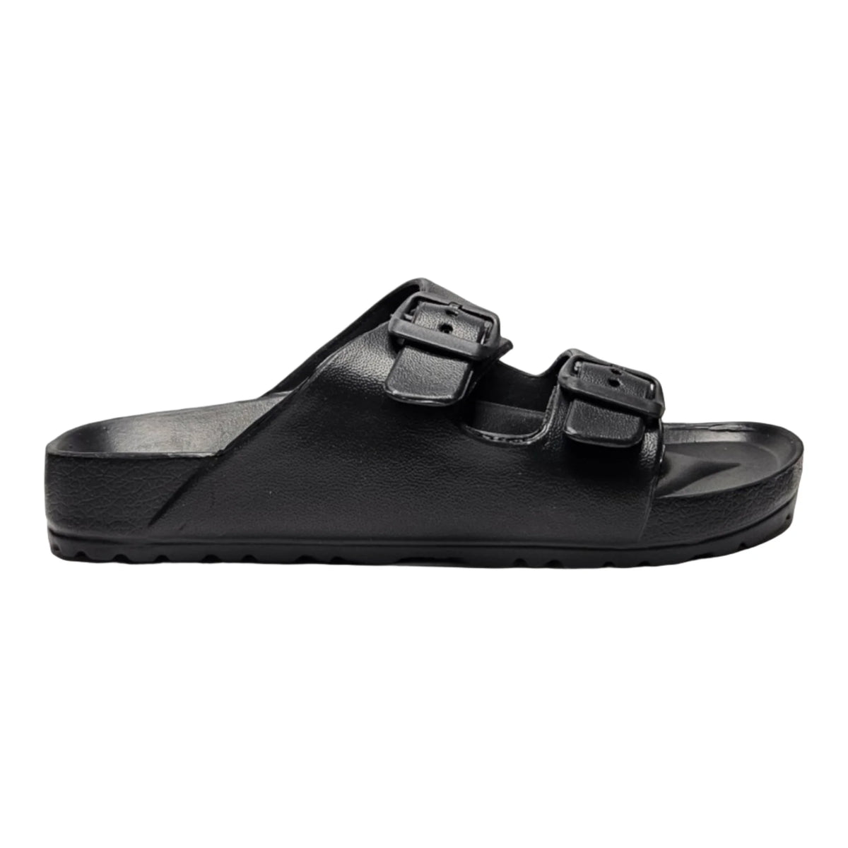 Black double strap sandal featuring two adjustable buckle straps for comfort