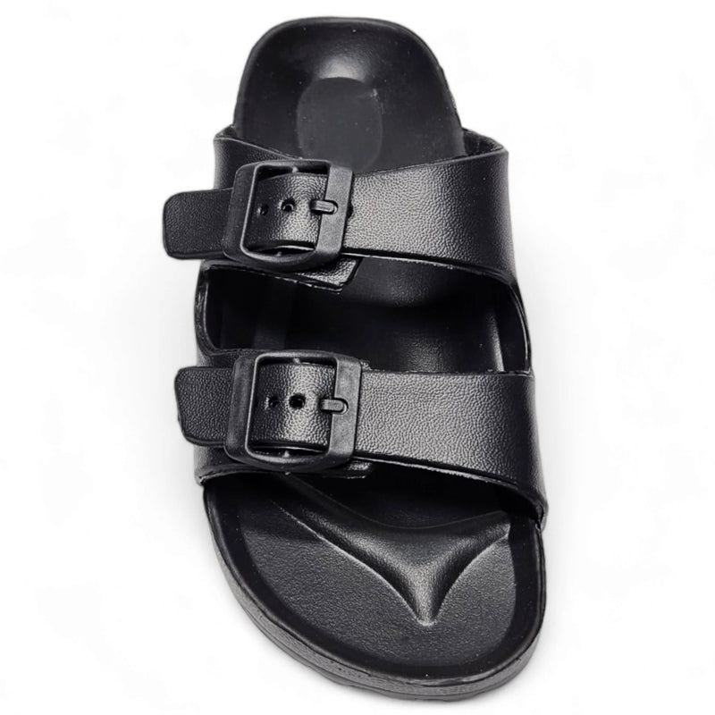 Black leather double strap sandal with adjustable buckle straps for comfort and style