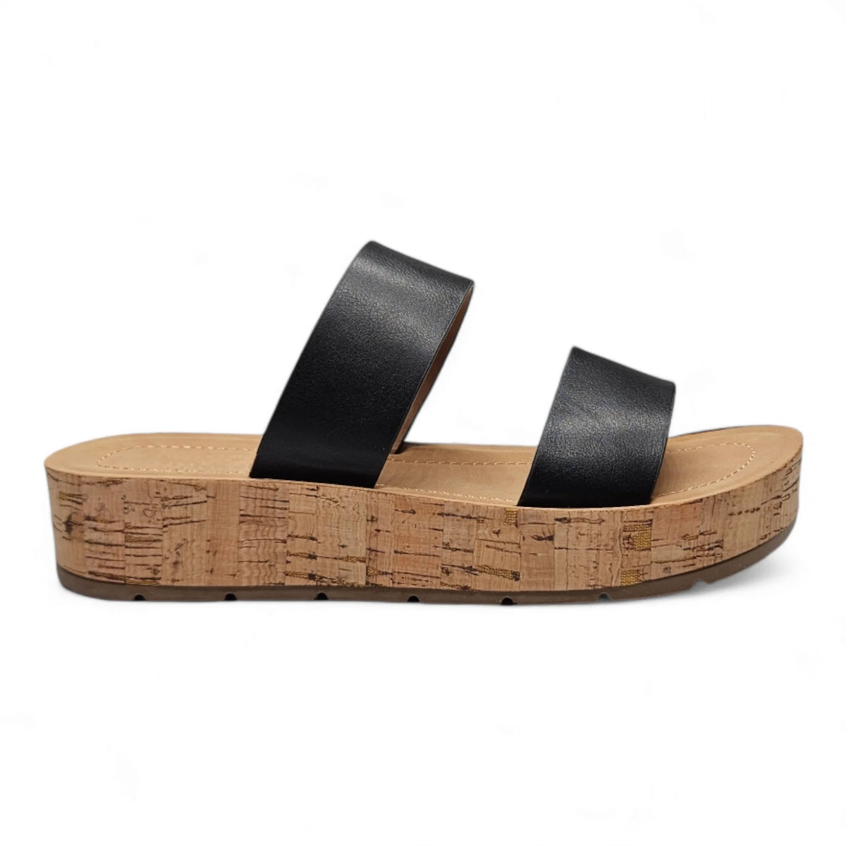 Double Strap Whisper Sandal featuring black leather straps and cork wedge sole