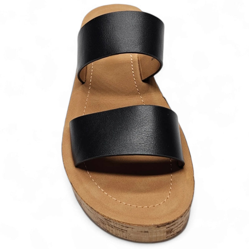 Leather Double Strap Whisper Sandal with black straps on cork-like sole