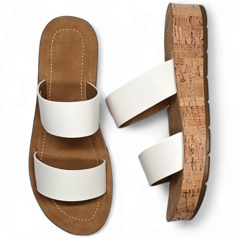 White Double Strap Whisper Sandal with cork-textured platform sole for stylish comfort