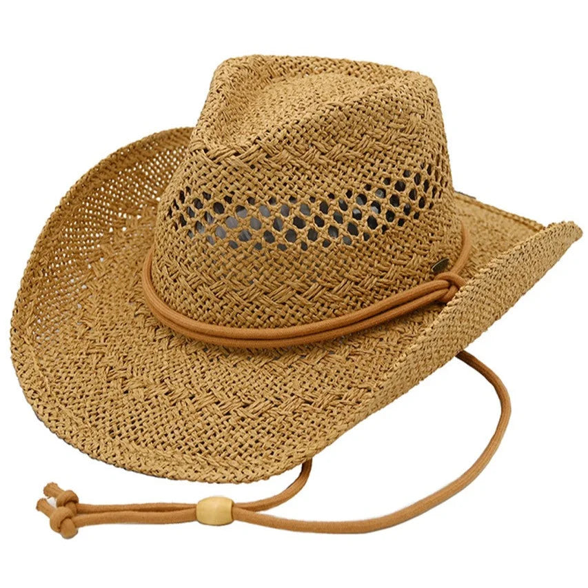 Straw cowboy hat with woven pattern and leather chin strap for drawstring cowboy hat style