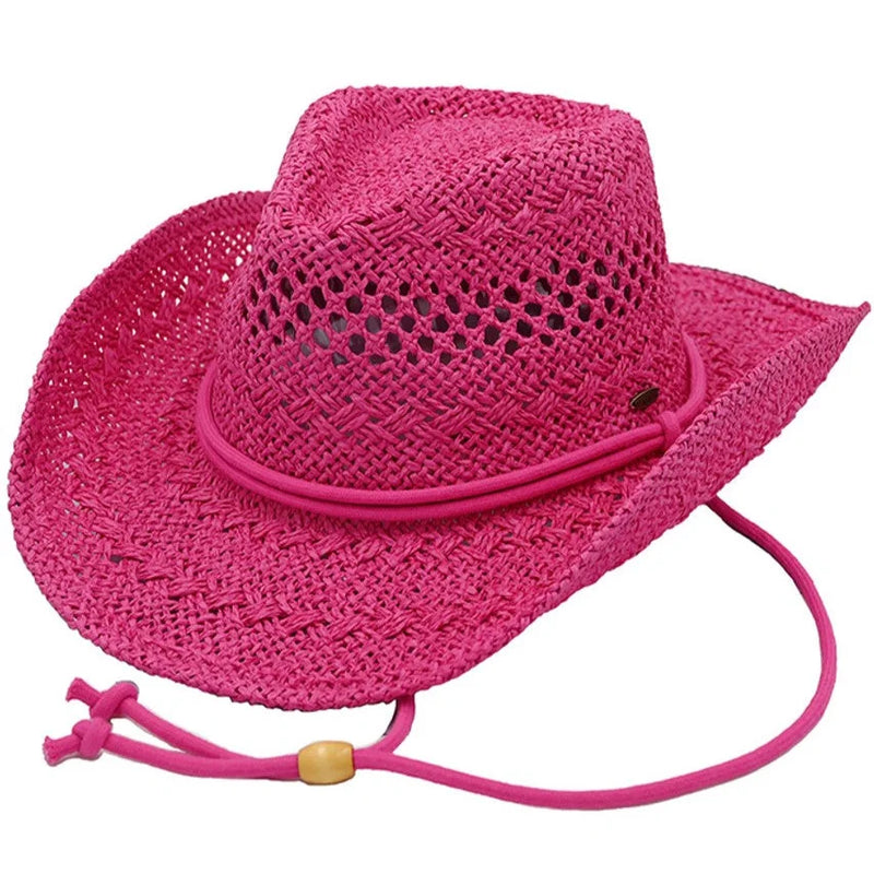 Bright pink drawstring cowboy hat with chin strap for stylish outdoor adventures