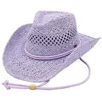 Lavender drawstring cowboy hat with perforated crown and chin strap for stylish sun protection