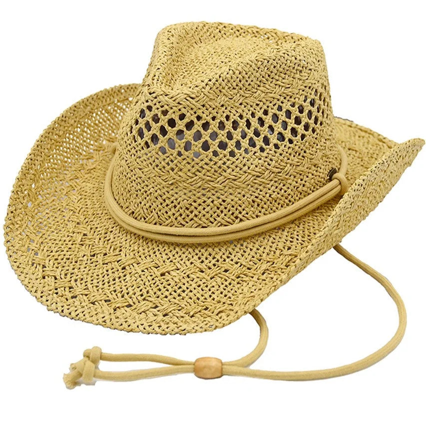 Straw cowboy hat with woven pattern and chin strap for drawstring cowboy hat style