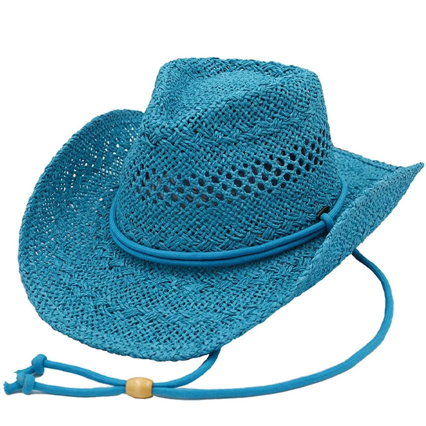 Bright turquoise drawstring cowboy hat with chin strap for outdoor adventures