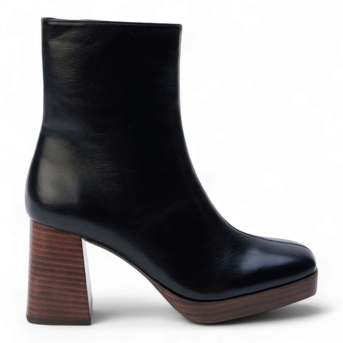 Black leather Duke Squared Toe Platform Ankle Boot with chunky wooden heel