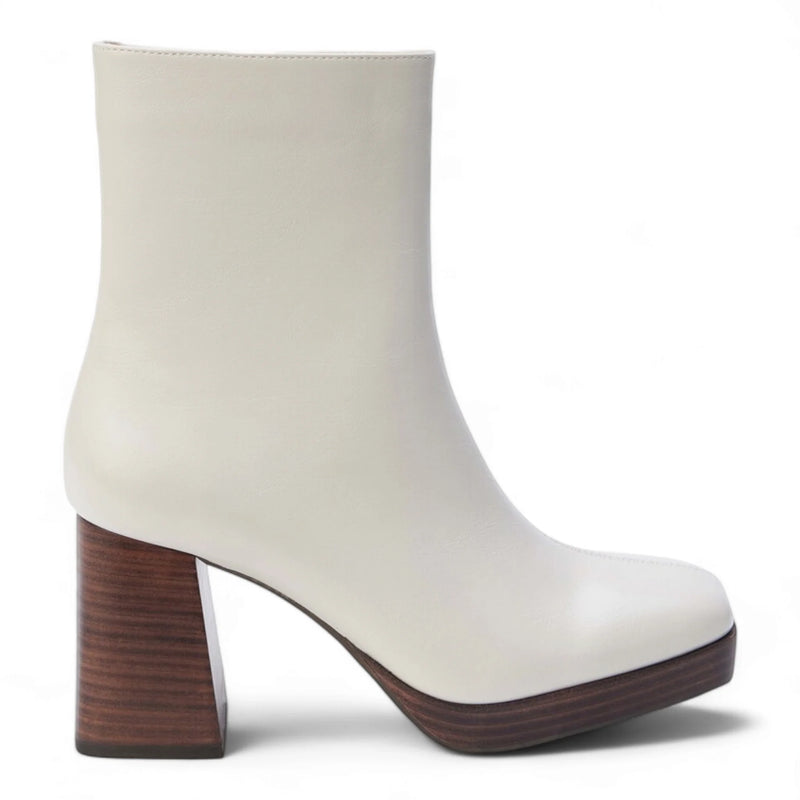 White leather Duke Squared Toe Platform Ankle Boot with chunky wooden heel and sole