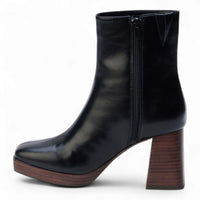 Black leather Duke Squared Toe Platform Ankle Boot with chunky wooden heel and side zipper