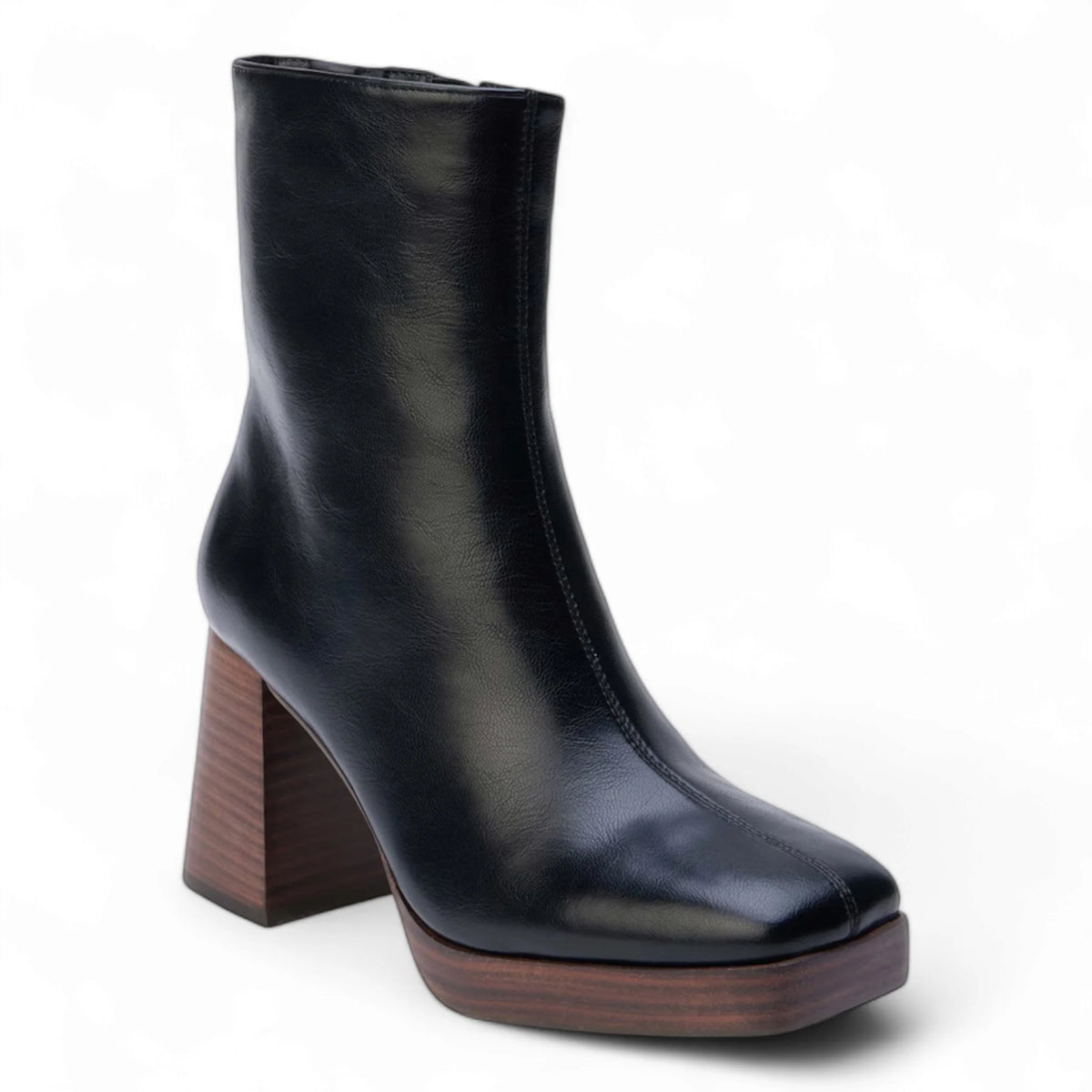 Black leather Duke Squared Toe Platform Ankle Boot with chunky wooden heel and sole