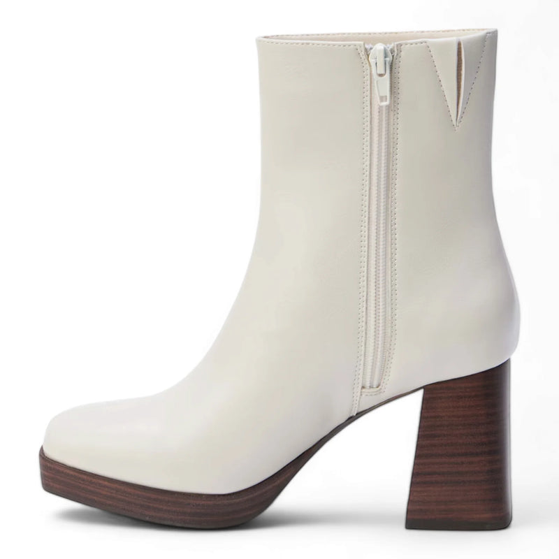 White leather Duke Squared Toe Platform Ankle Boot with chunky wooden heel and side zipper