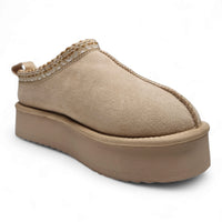 Beige suede Eagle Platform Fuzzy Slipper with braided trim, perfect for cozy comfort