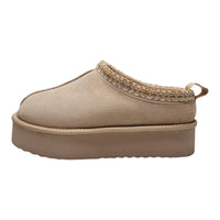 Beige suede Eagle Platform Fuzzy Slipper with thick sole and decorative stitching