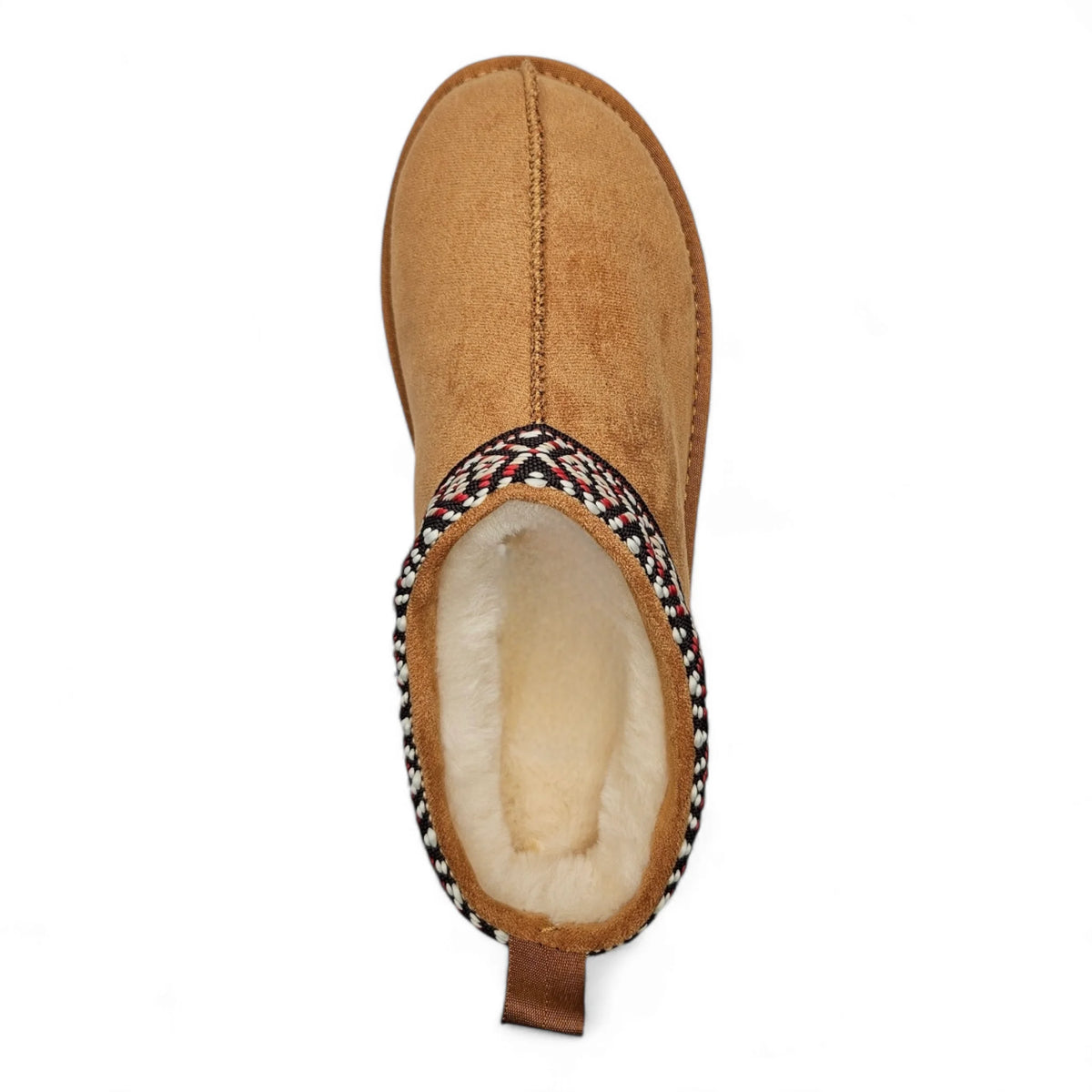 Tan suede Eagle Platform Fuzzy Slipper boot with decorative trim and fuzzy lining