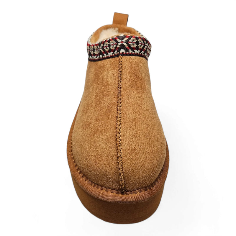 Tan suede Eagle Platform Fuzzy Slipper with decorative patterned band