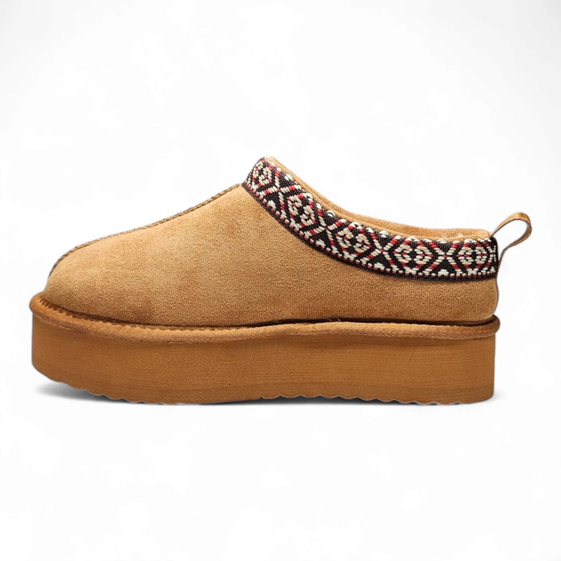 Tan suede Eagle Platform Fuzzy Slipper with patterned collar and thick platform sole