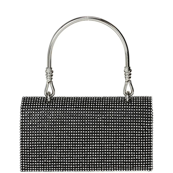 Black evening clutch bag with metallic studs and silver handle from East West Mini Rhinestone