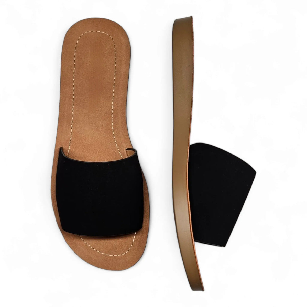 Daily Slip On Flat Sandal featuring black fabric straps and tan leather soles