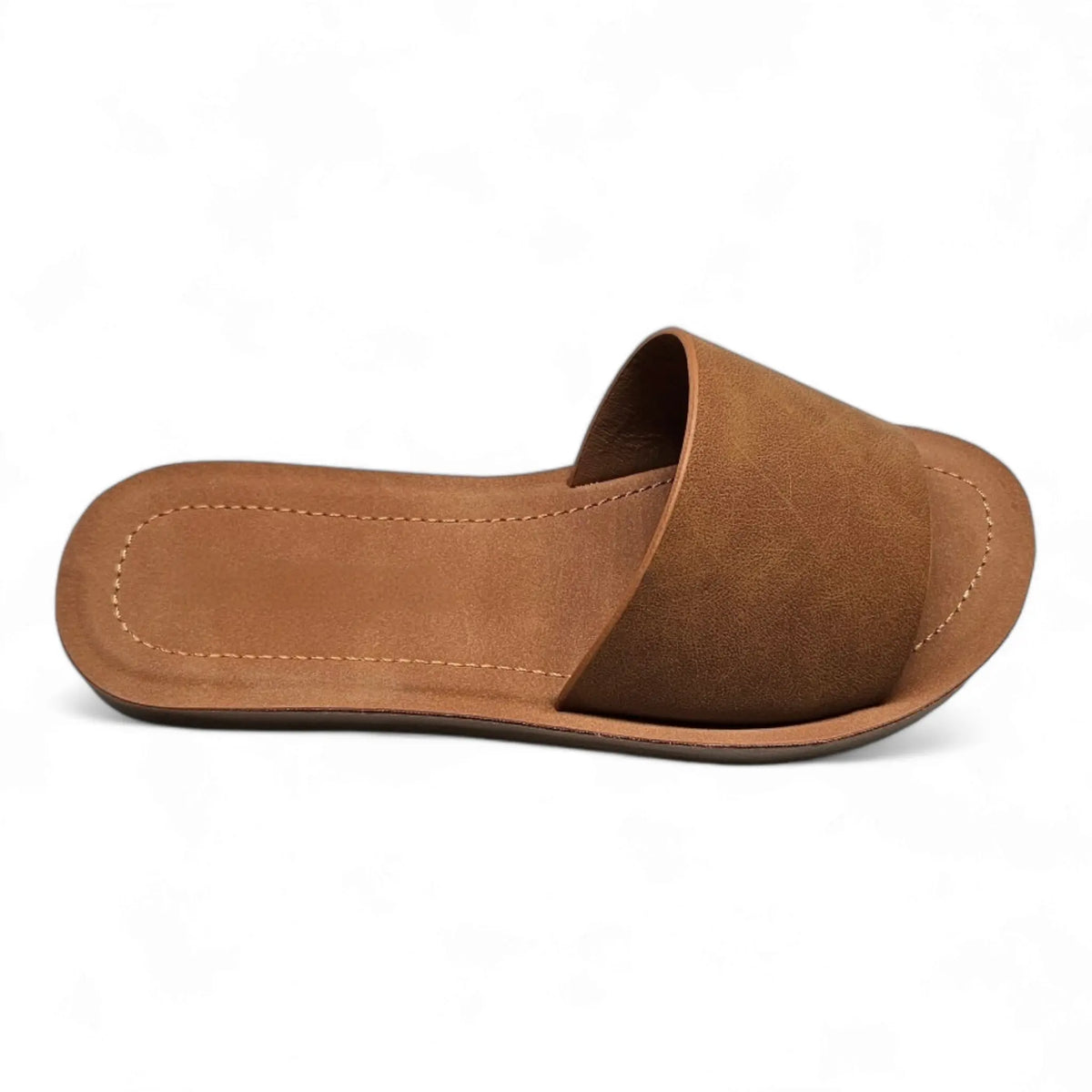 Tan leather Daily Slip On Flat Sandal with wide top strap for comfortable wear