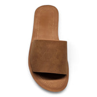 Brown leather Daily Slip On Flat Sandal with wide strap across the top