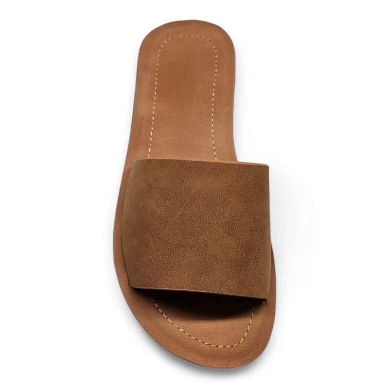 Brown leather Daily Slip On Flat Sandal with wide strap across the top