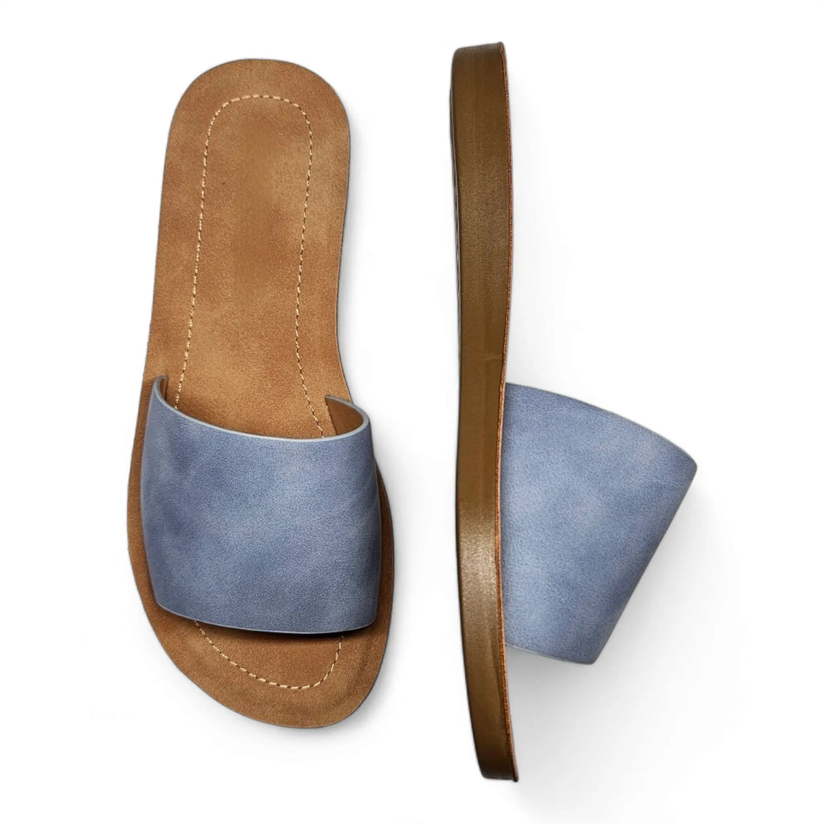 Pair of blue and tan leather slide sandals from Daily Slip On Flat Sandal collection