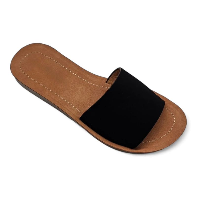 Simple slide sandal with black fabric strap and tan leather sole for daily wear