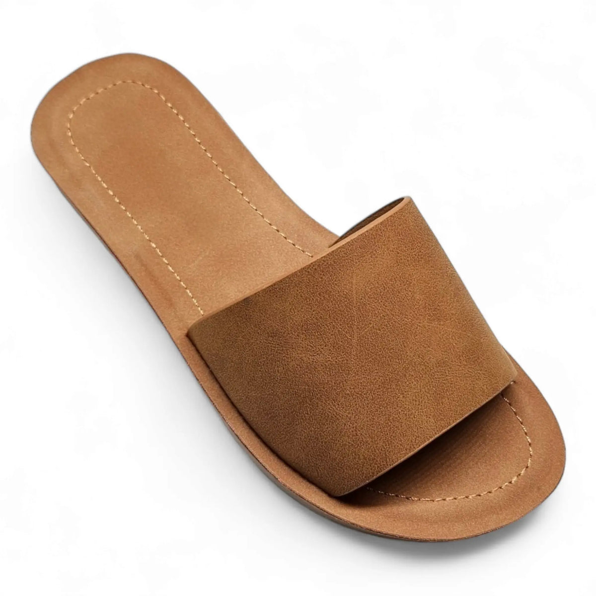 Tan leather Daily Slip On Flat Sandal with wide top strap for comfort and style