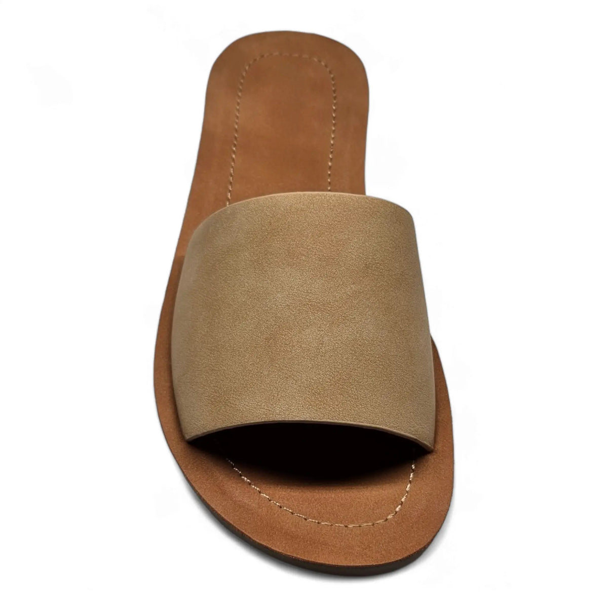 Tan leather Daily Slip On Flat Sandal with wide strap across the top