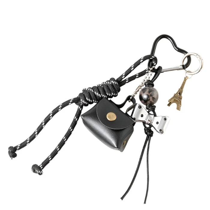 Eiffel Tower Cord Mini Bag And Bow Bag Charm - Black - Bag Charms