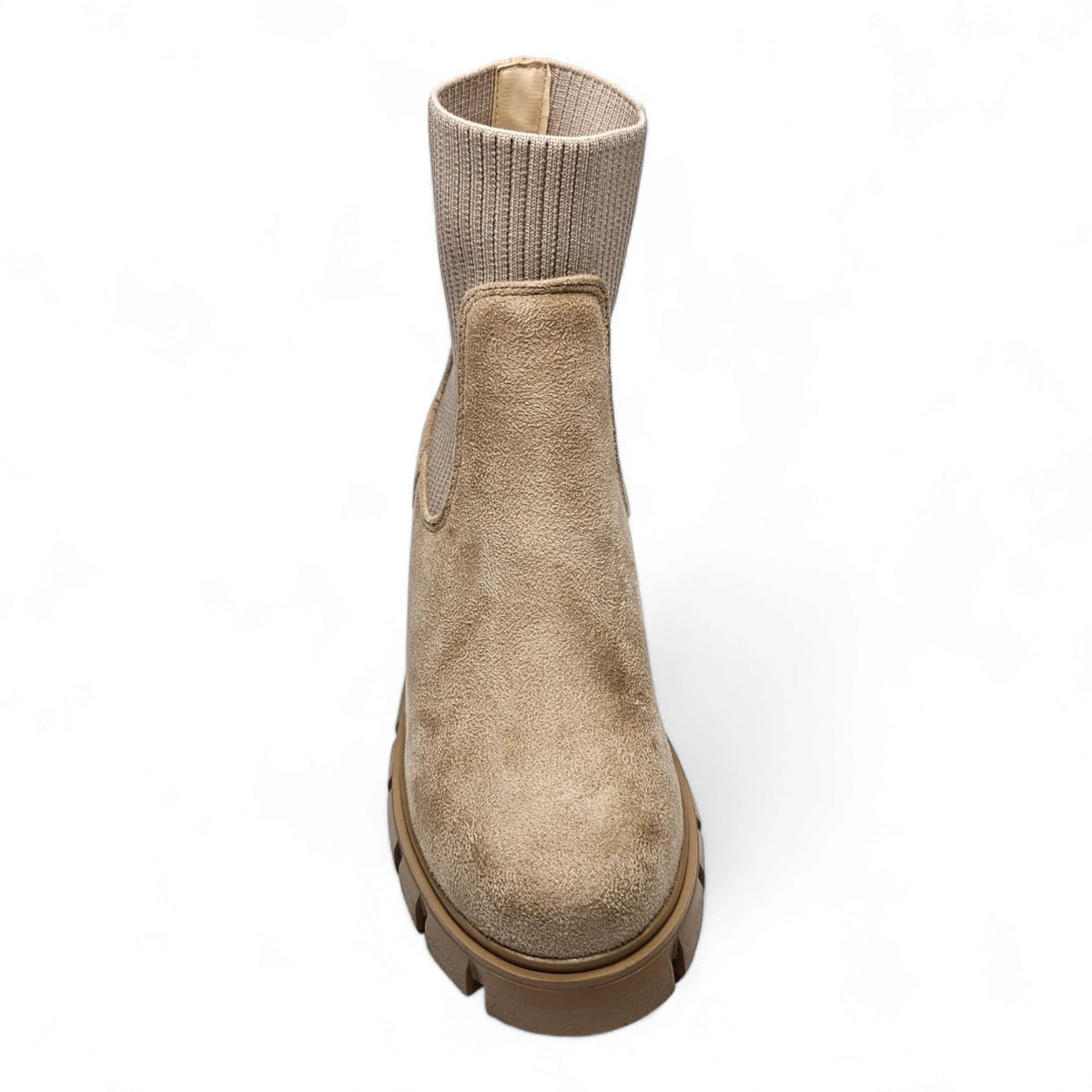 Beige suede ankle boot with ribbed knit collar and chunky sole, Elastic Shaft Lug Bootie