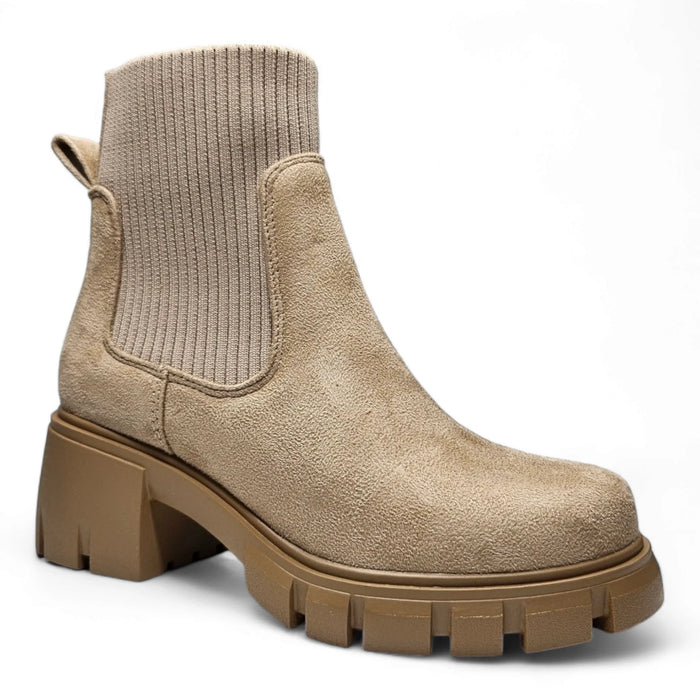 Beige suede Elastic Shaft Lug Bootie with chunky sole and ribbed knit collar